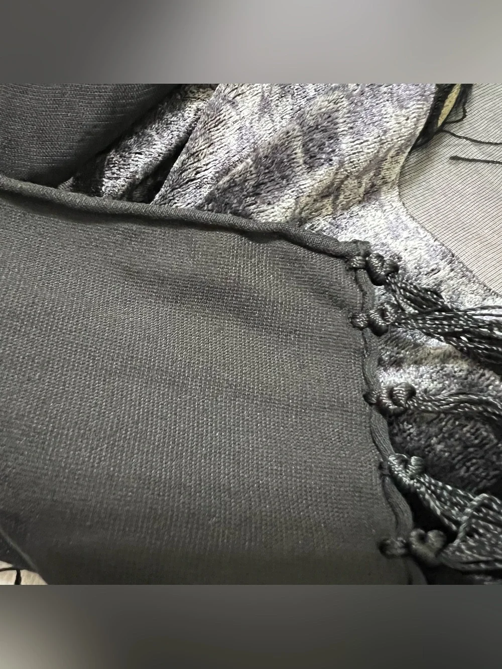 Silk/Rayon Black Burnout Velvet Patterned Fringe Detail Long Scarf Shawl